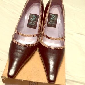 Jane Brown Black Leather Heel Lizard Trim